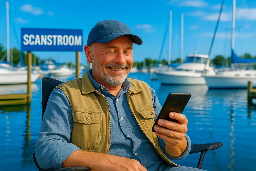 Tevreden havenmeester met mobiele telefoon